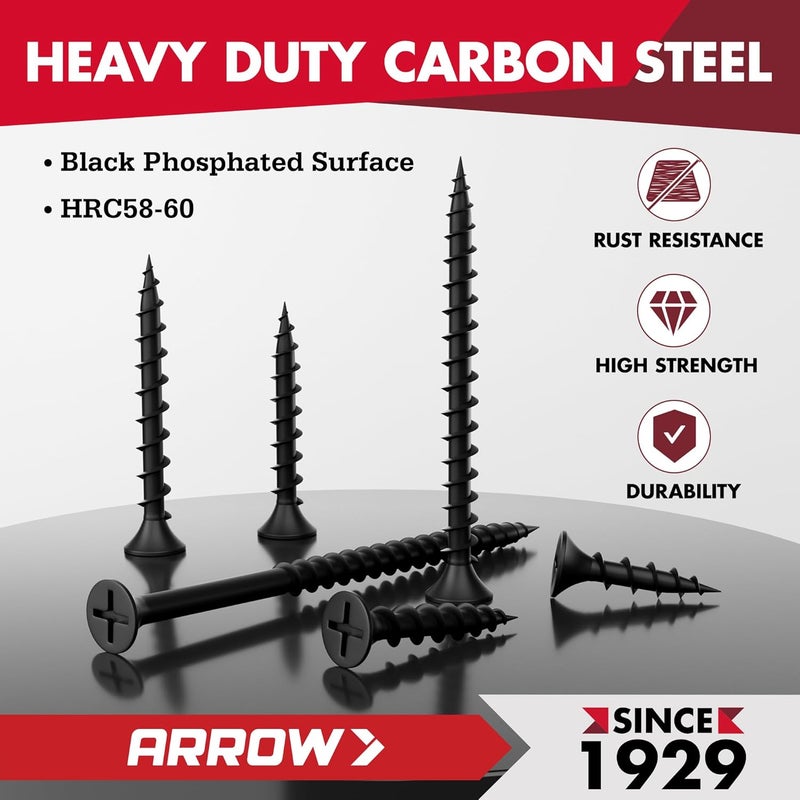 Arrow Fastener Arrow Drywall Screws Assortment Kit, 320pcs #6 & #8 Black Wood Screws, #2 Phillips Bugle Head, Coarse Thread Sharp Tips for Drywall, Wood, Soft Metal (6 Sizes: 3/4", 1",1-1/4", 1-1/2", 2", 3") - Image 4